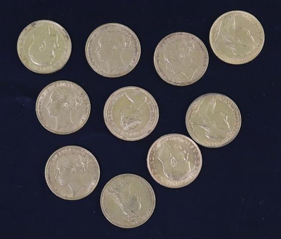 Ten gold full sovereigns, 1871, 1873, 1881, 1887, 1891, 1899, 1900, 1911, 1912 & 1978.